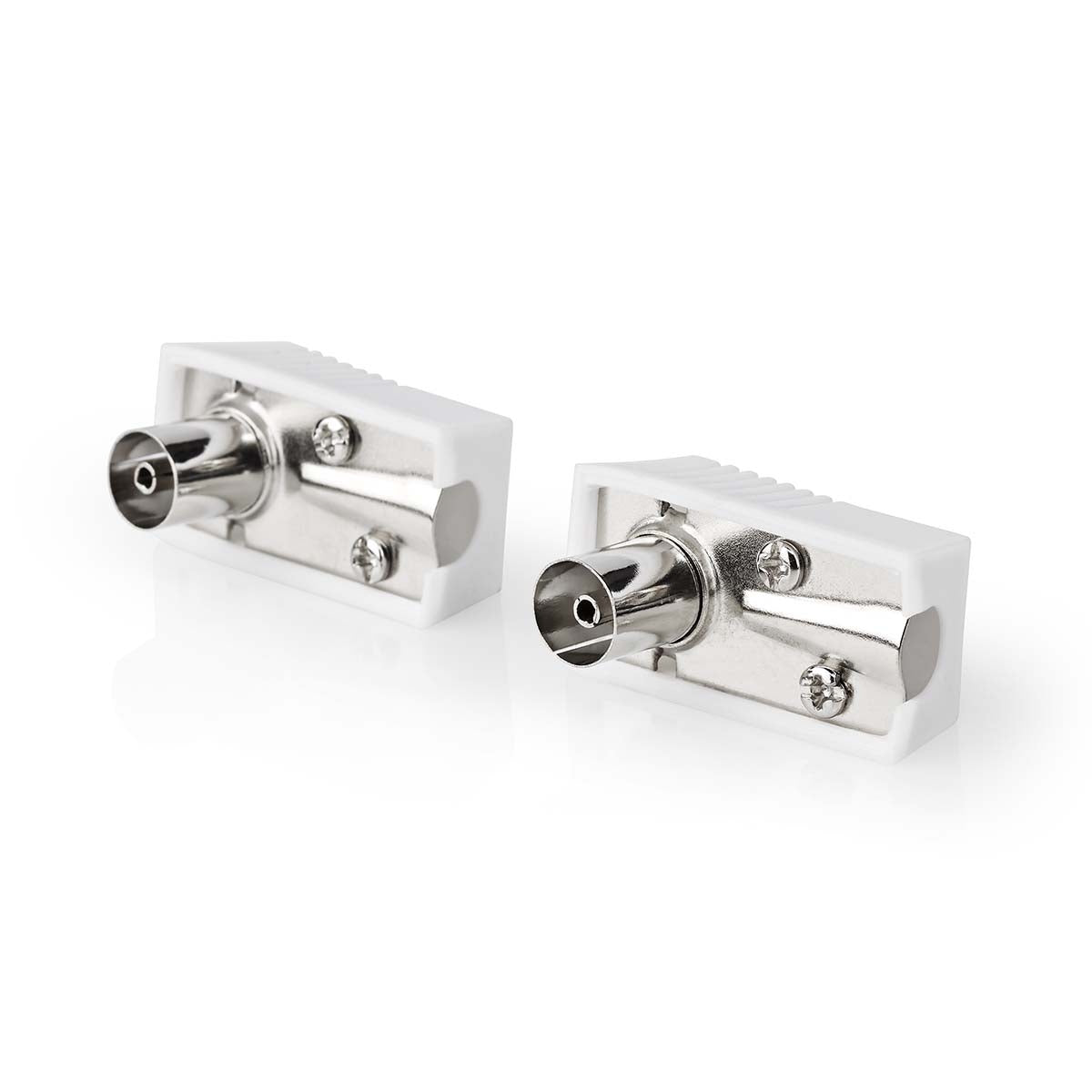 IEC (Coax) Connector | Angled | Female | Nickel Plated | 75 Ohm | Screw | Cable input diameter: 7.0 mm | Metal / PVC | White | 2 pcs | Box