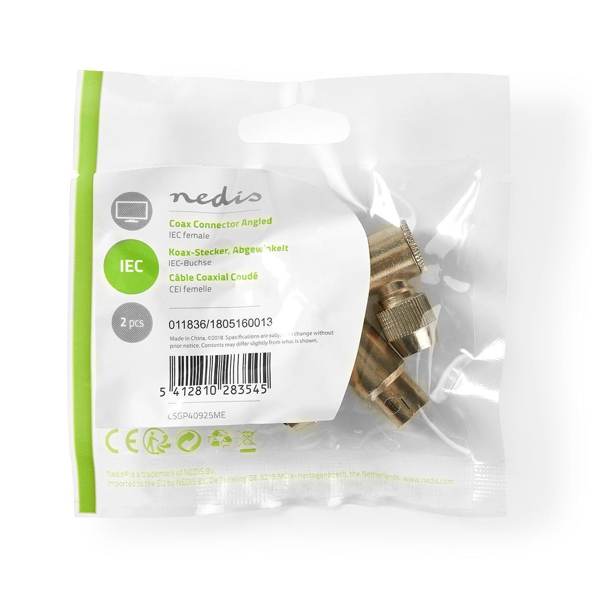 IEC (coax) | Angled | Female | Nickel Plated | 75 Ohm | Screw | Cable input diameter: 7.0 mm | Metal | Silver | 2 pcs. | Plastic bag