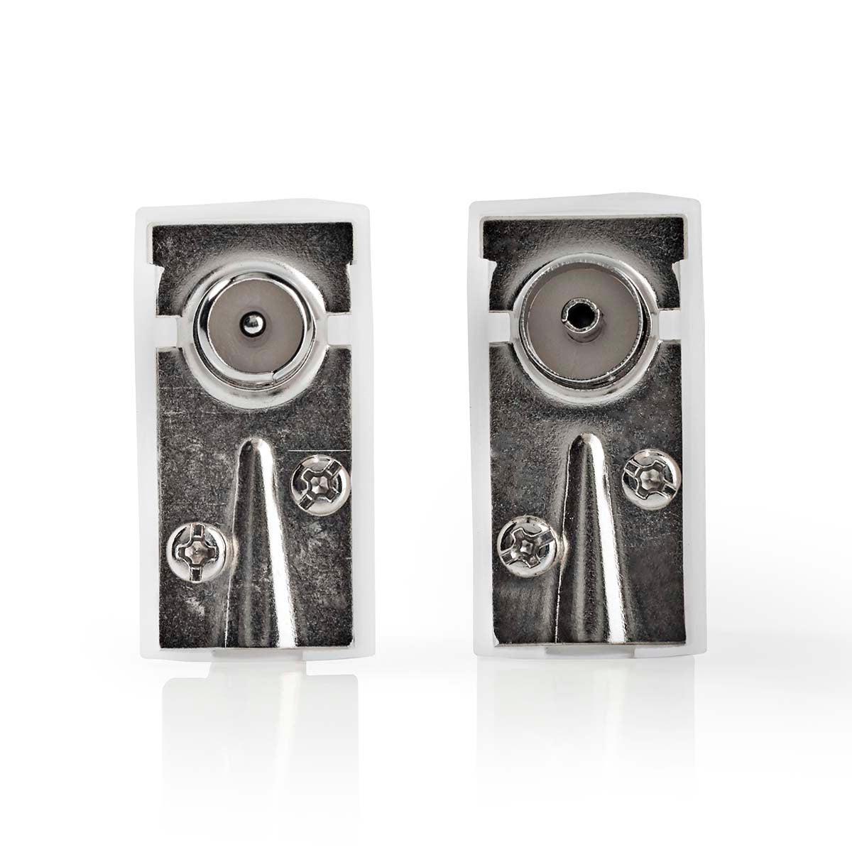 IEC (coax) | Angled | Male / Female | Nickel Plated | 75 Ohm | Screw | Cable input diameter: 7.0 mm | Metal / PVC | White | 2 pcs. | Box