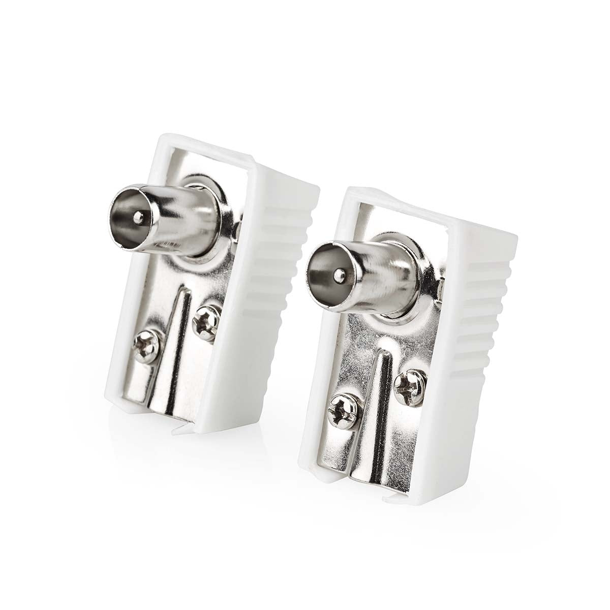 IEC (coax) | Angled | Male | Nickel Plated | 75 Ohm | Screw | Cable input diameter: 7.0 mm | Metal / PVC | White | 2 pcs. | Box