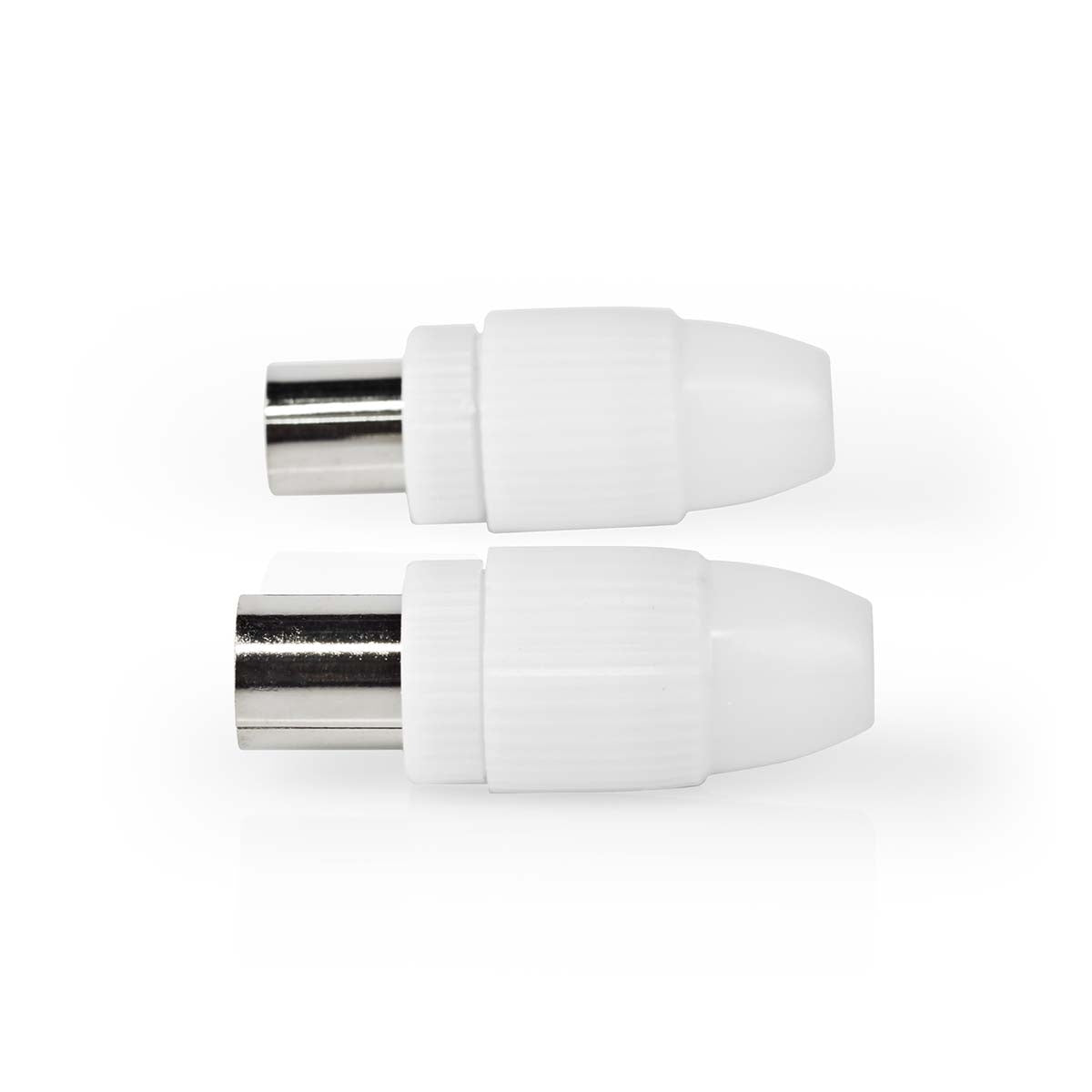 IEC (coax) | Straight | Male / Female | Nickel Plated | 75 Ohm | Screw | Cable input diameter: 7.0 mm | Metal / PVC | White | 2 pcs. | Box