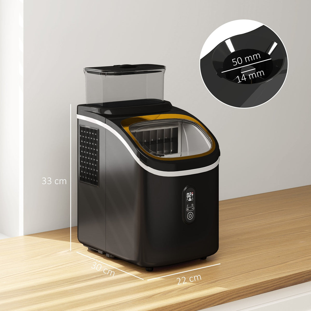 Ice Cube Machine 15 kg/24h Ice Cube Maker with 1.5 L Water Tank, Shovel, Ice Container Ice Cube Maker Machine with LED Display Black 22 x 30 x 33 cm |
