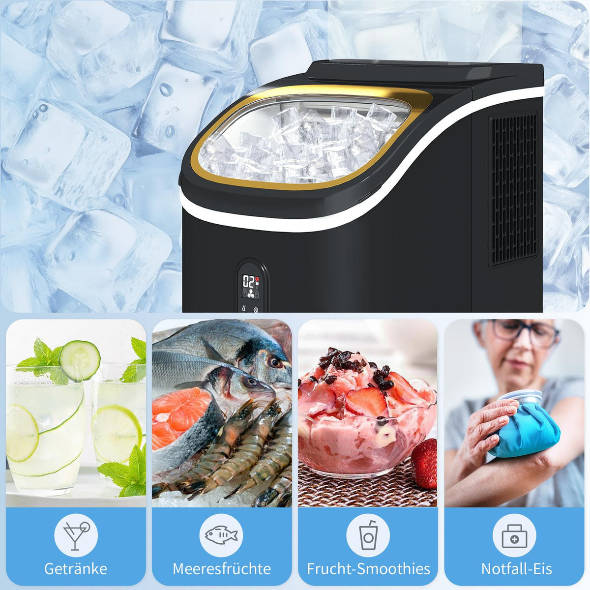 Ice Cube Machine 15 kg/24h Ice Cube Maker with 1.5 L Water Tank, Shovel, Ice Container Ice Cube Maker Machine with LED Display Black 22 x 30 x 33 cm |