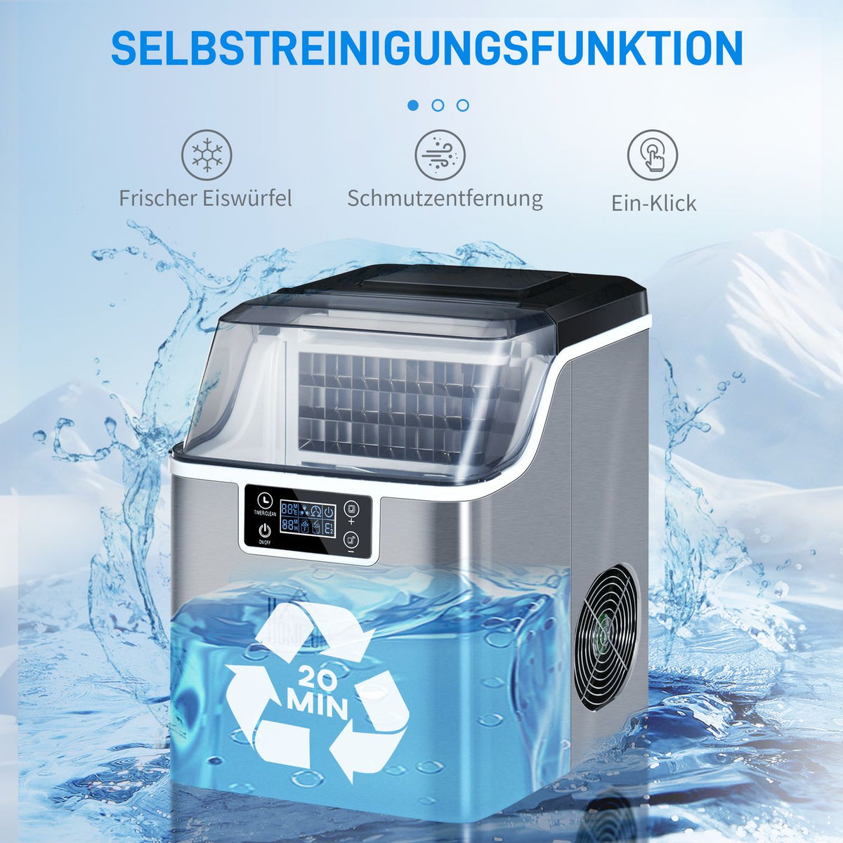 Ice Cube Machine 20 Kg/24H 2.3 L Ice Cube Maker With 3.2 L Water Tank Ice Cube Maker Self-Cleaning Stainless Steel Silver 25.2 X 36 X 37.1 Cm