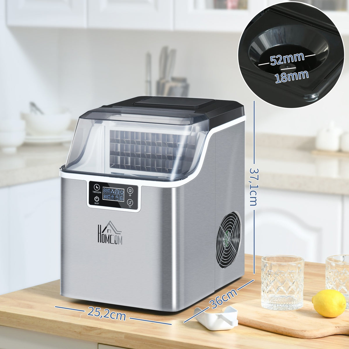 Ice Cube Machine 20 Kg/24H 2.3 L Ice Cube Maker With 3.2 L Water Tank Ice Cube Maker Self-Cleaning Stainless Steel Silver 25.2 X 36 X 37.1 Cm