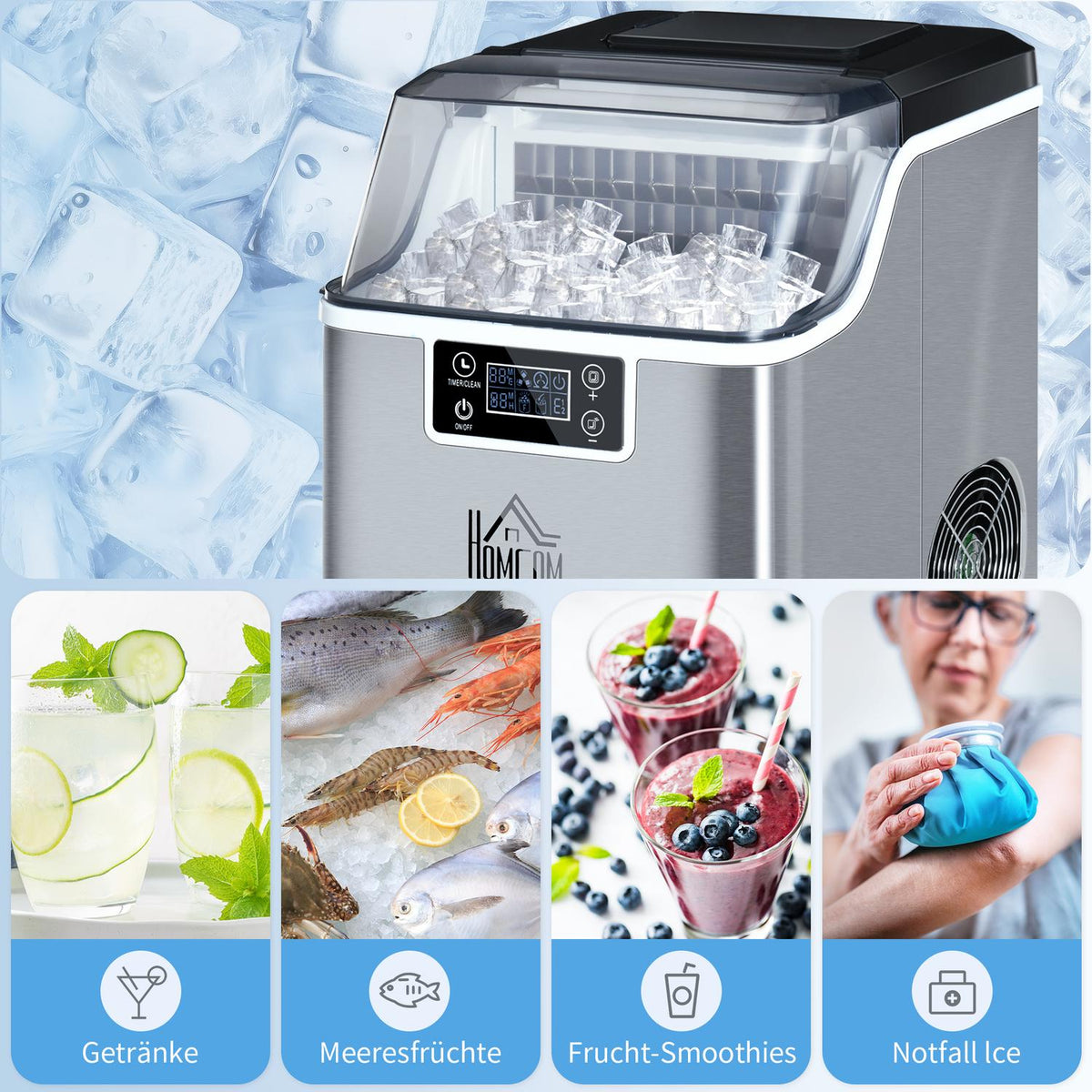 Ice Cube Machine 20 Kg/24H 2.3 L Ice Cube Maker With 3.2 L Water Tank Ice Cube Maker Self-Cleaning Stainless Steel Silver 25.2 X 36 X 37.1 Cm
