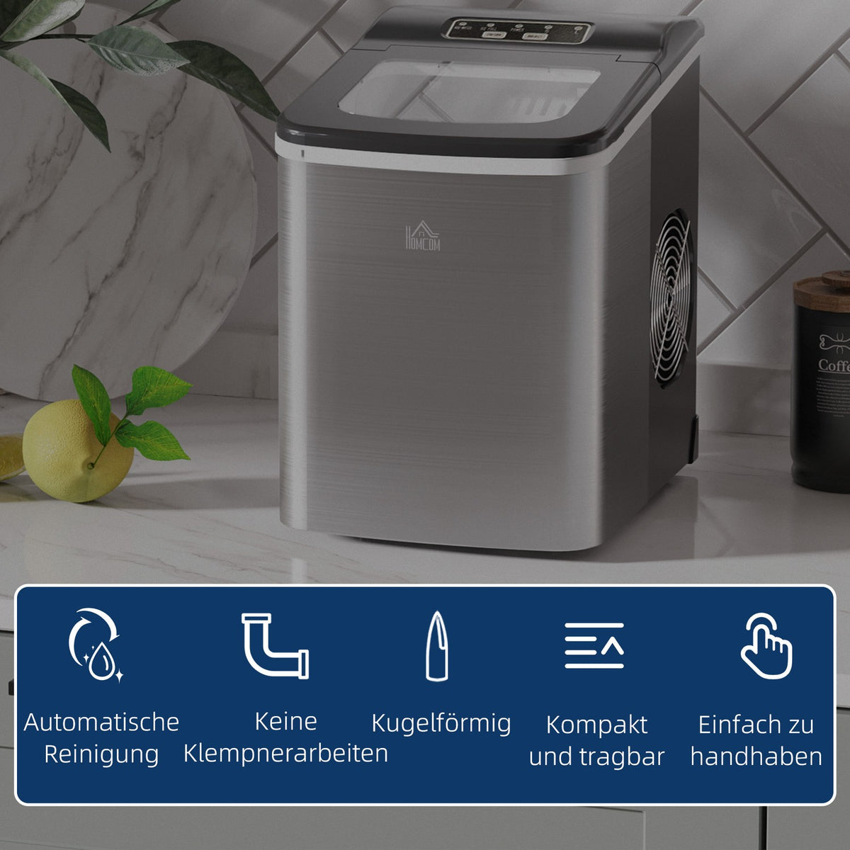 Ice Cube Machine Ice Cube Maker 9 Cubes Ready In 8 Minutes, 12 Kg In 24 Hours, Self-Cleaning Portable Ice Maker, Black