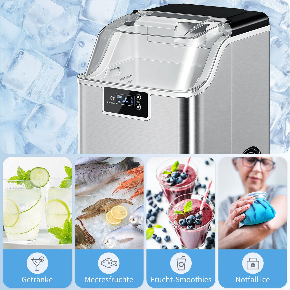 Ice Maker, 20kg/24h, 2.1L Tank, Silver