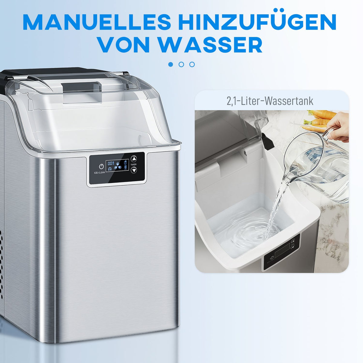 Ice Maker, 20kg/24h, 2.1L Tank, Silver