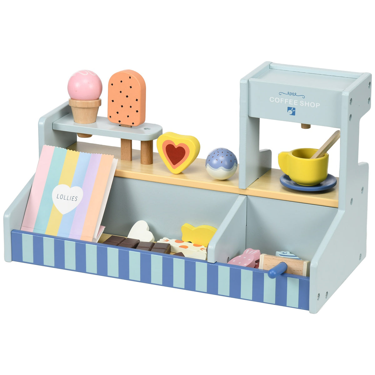 Ice cream parlor children's wood, ice cream wooden toy for children with kitchen accessories, ice cream shop children's wood for 2-5 years children, light blue
