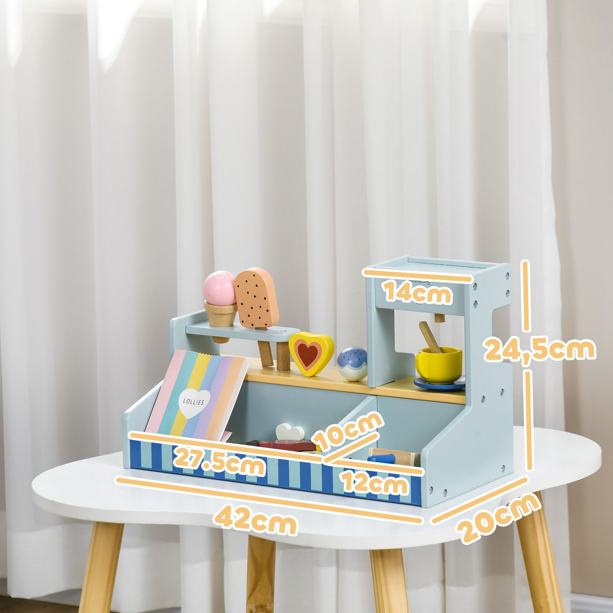 Ice cream parlor children's wood, ice cream wooden toy for children with kitchen accessories, ice cream shop children's wood for 2-5 years children, light blue
