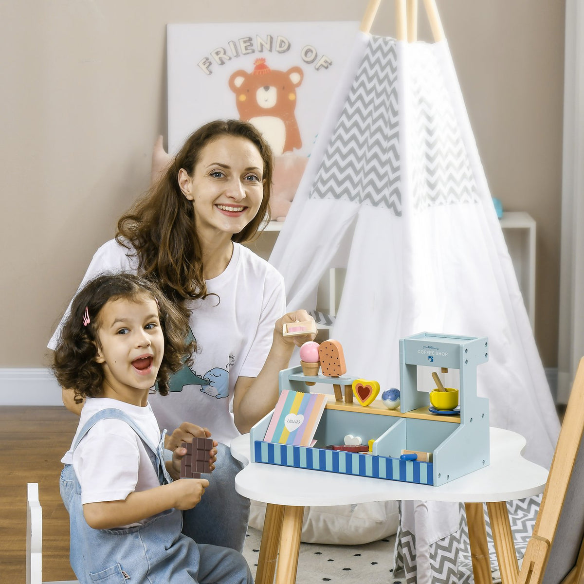 Ice cream parlor children's wood, ice cream wooden toy for children with kitchen accessories, ice cream shop children's wood for 2-5 years children, light blue