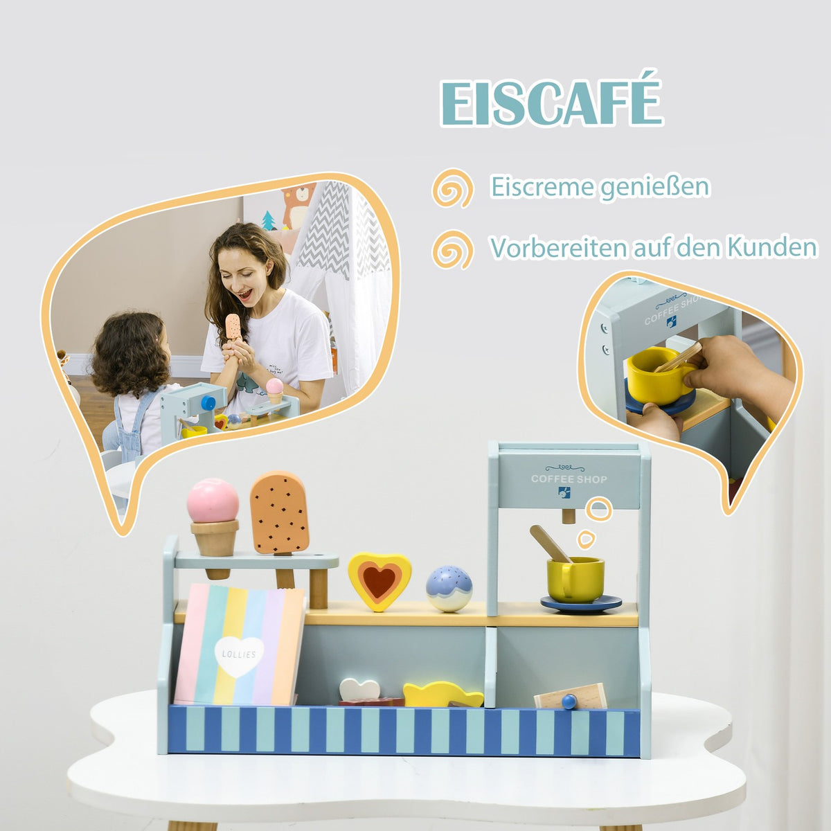 Ice cream parlor children's wood, ice cream wooden toy for children with kitchen accessories, ice cream shop children's wood for 2-5 years children, light blue