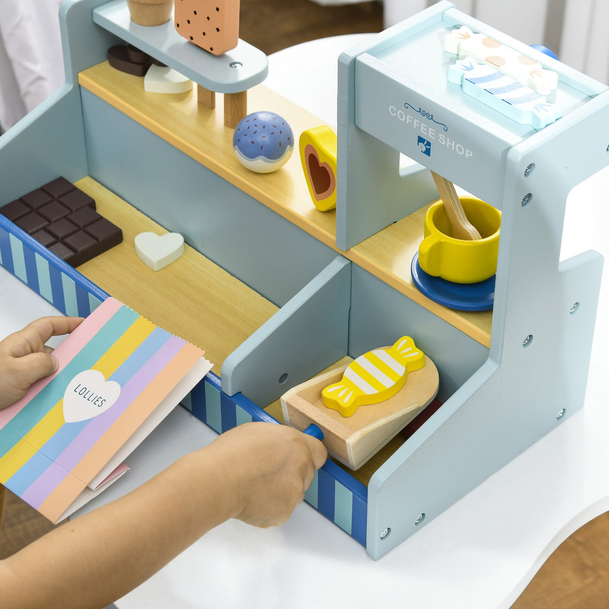 Ice cream parlor children's wood, ice cream wooden toy for children with kitchen accessories, ice cream shop children's wood for 2-5 years children, light blue