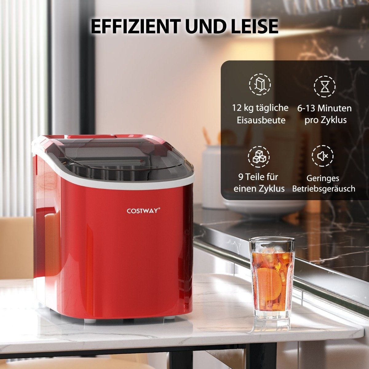Ice cube machine 2.2 L ice cube machine with spherical ice cubes 24.5 x 35.5 x 32 cm red