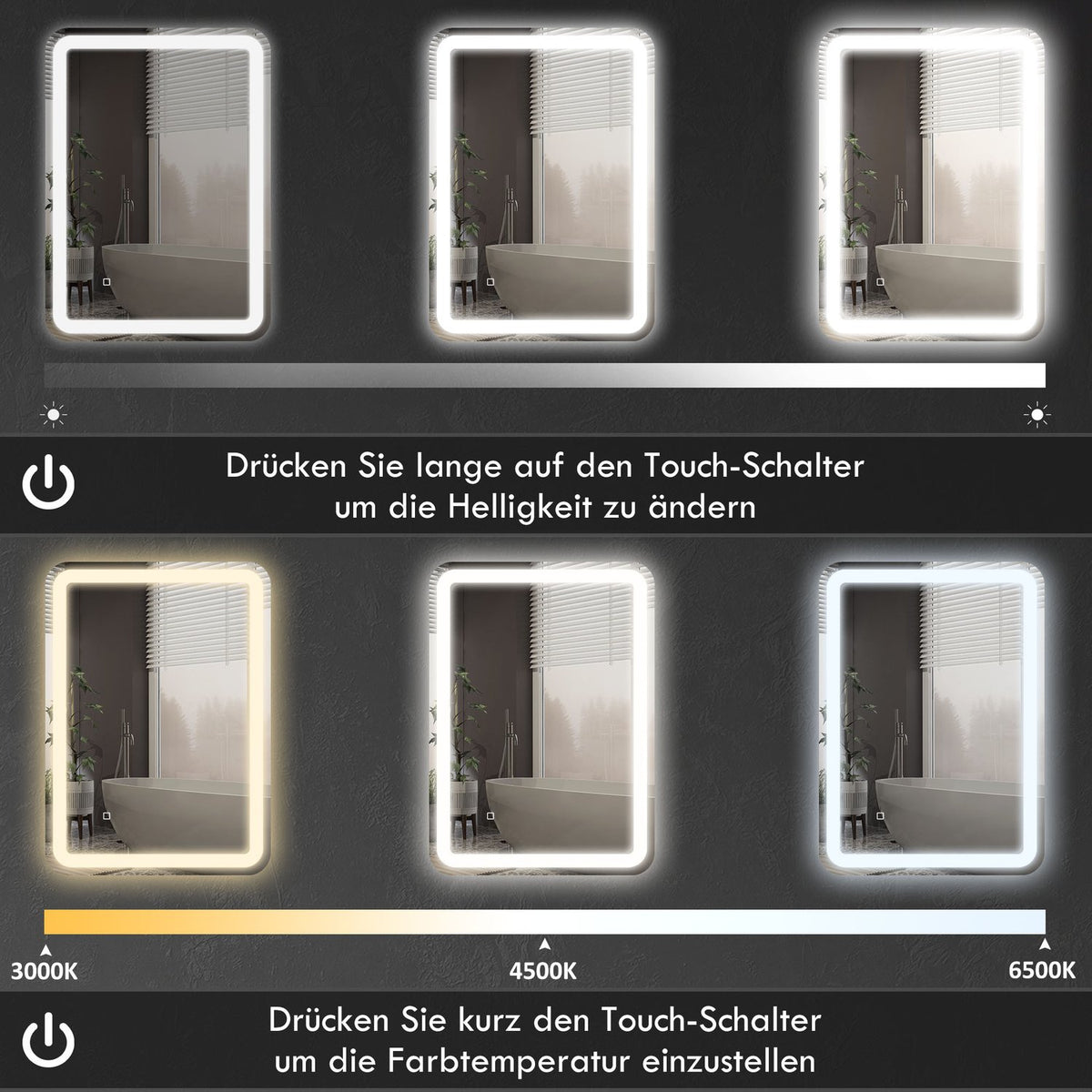 Illuminated Bathroom Mirror, Touch Control, Anti-Fog, 70x90 cm