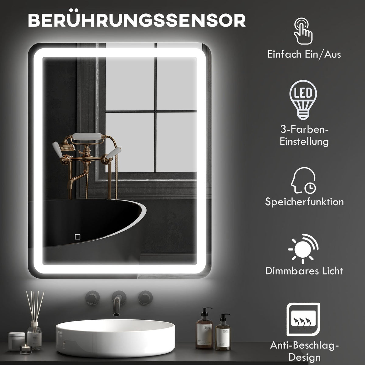 Illuminated Bathroom Mirror, Touch Control, Anti-Fog, 70x90 cm