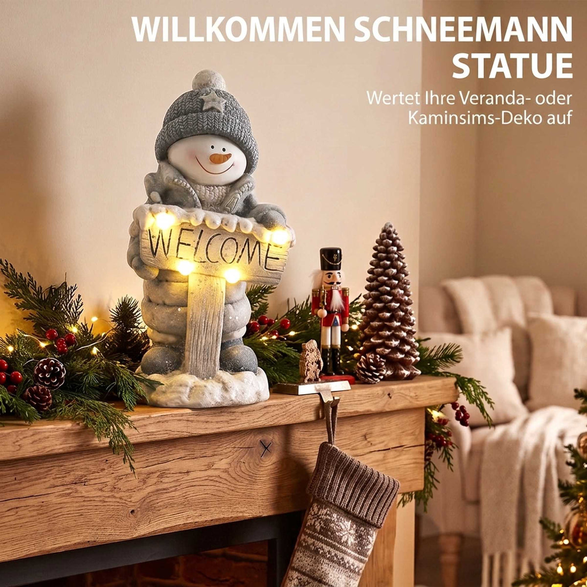 Illuminated Snowman Christmas Statue with Welcome Sign