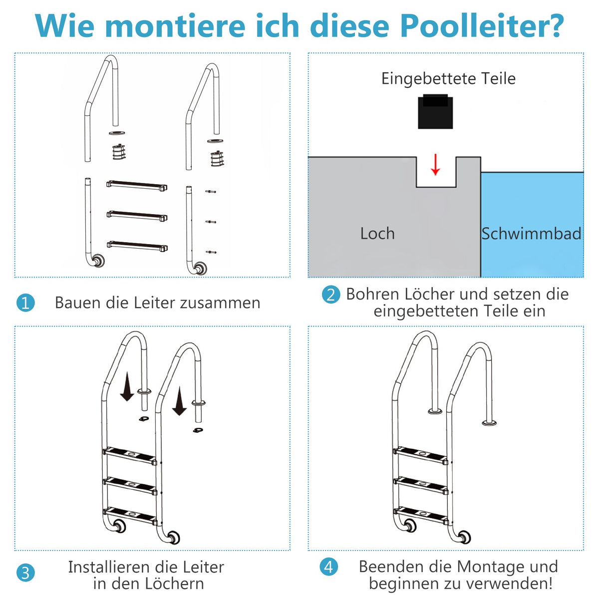 In-Ground Pool Ladder, 3-Step Stainless Steel, Non-Slip