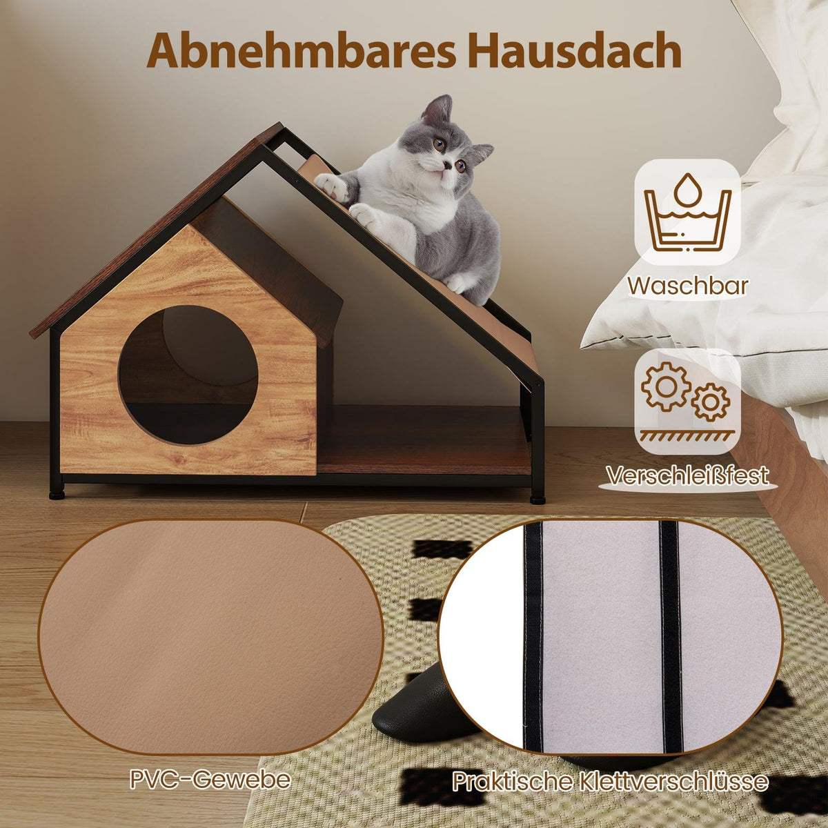 Indoor Cat House with Veranda, Removable Roof, Metal Frame