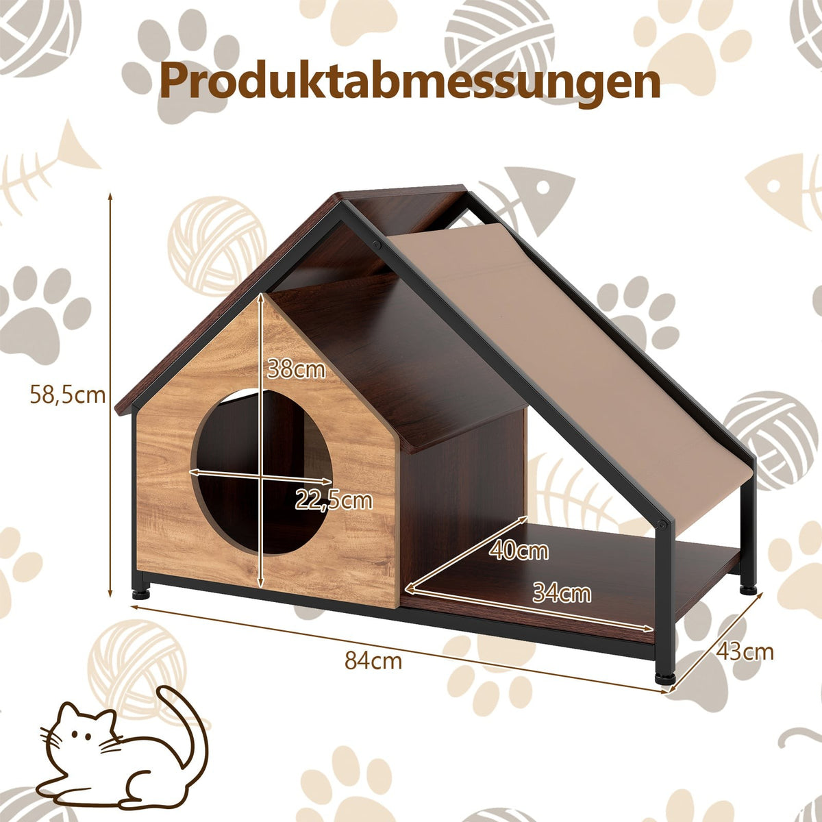 Indoor Cat House with Veranda, Removable Roof, Metal Frame