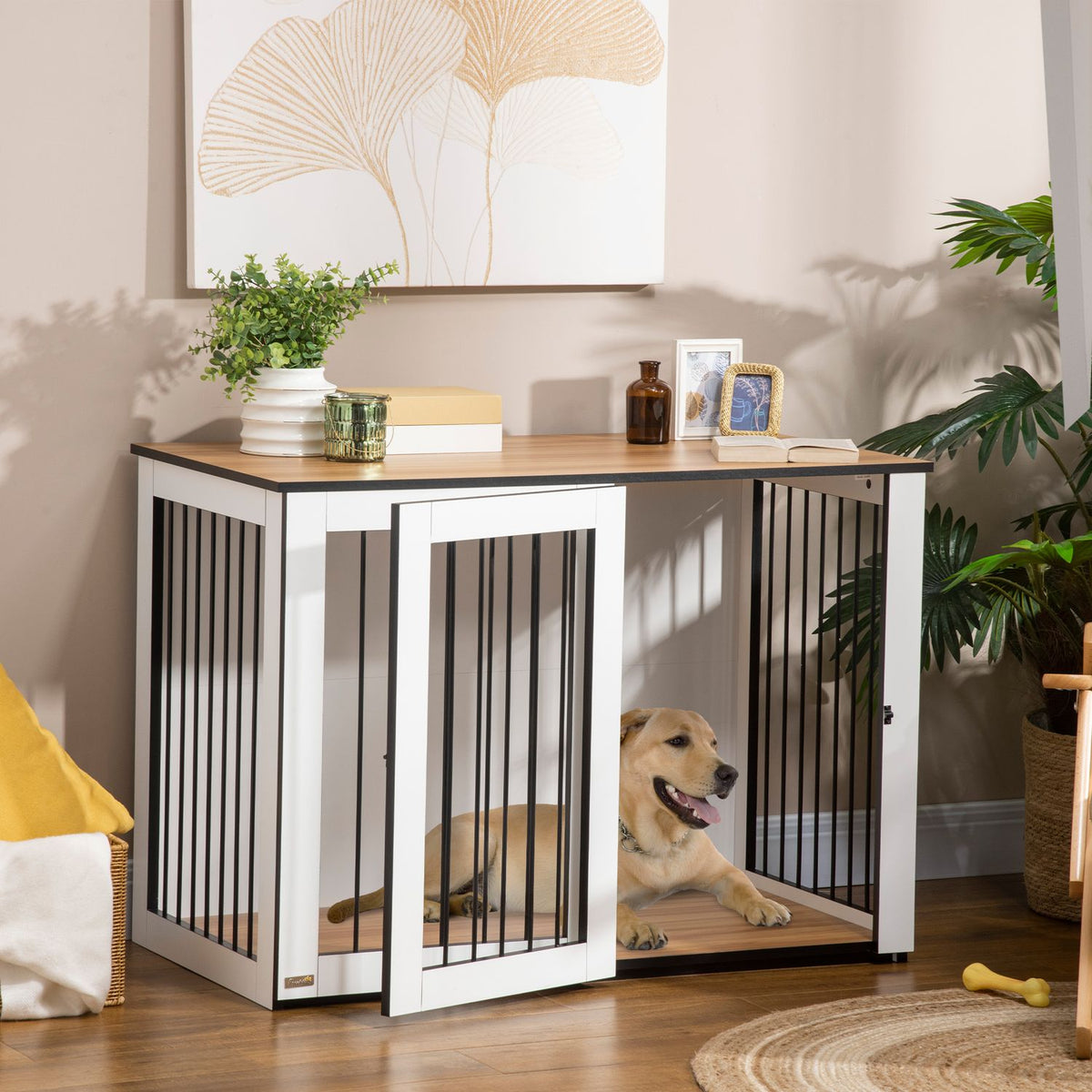Indoor Dog Cage Pet Cage For Small/Medium Dogs, Chipboard, Dark Walnut+White, 106X60X76Cm