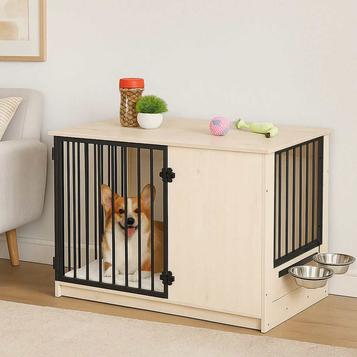 Indoor Dog Crate, Wood Effect, 2 Bowls, Medium Size