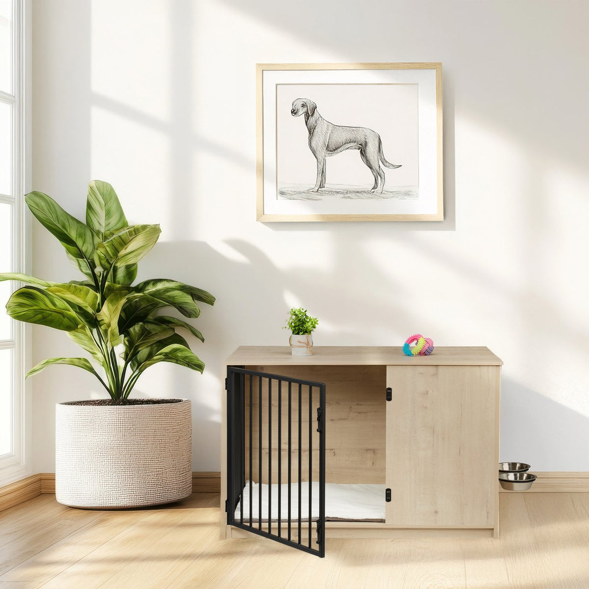 Indoor Dog Crate, Wood Effect, 2 Bowls, Medium Size