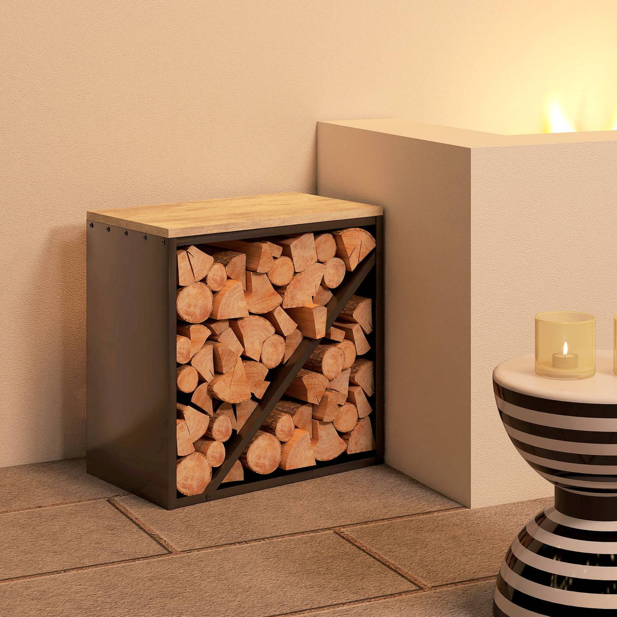 Indoor Firewood Rack, 2-in-1 Metal Divider, 58x36x60cm
