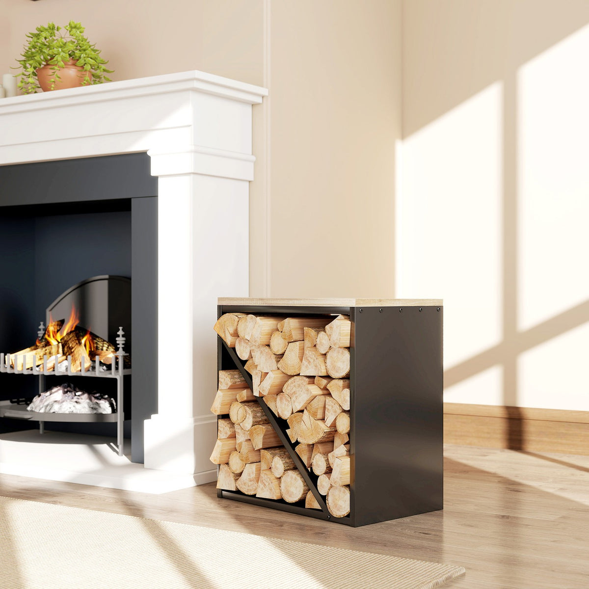 Indoor Firewood Rack, 2-in-1 Metal Divider, 58x36x60cm