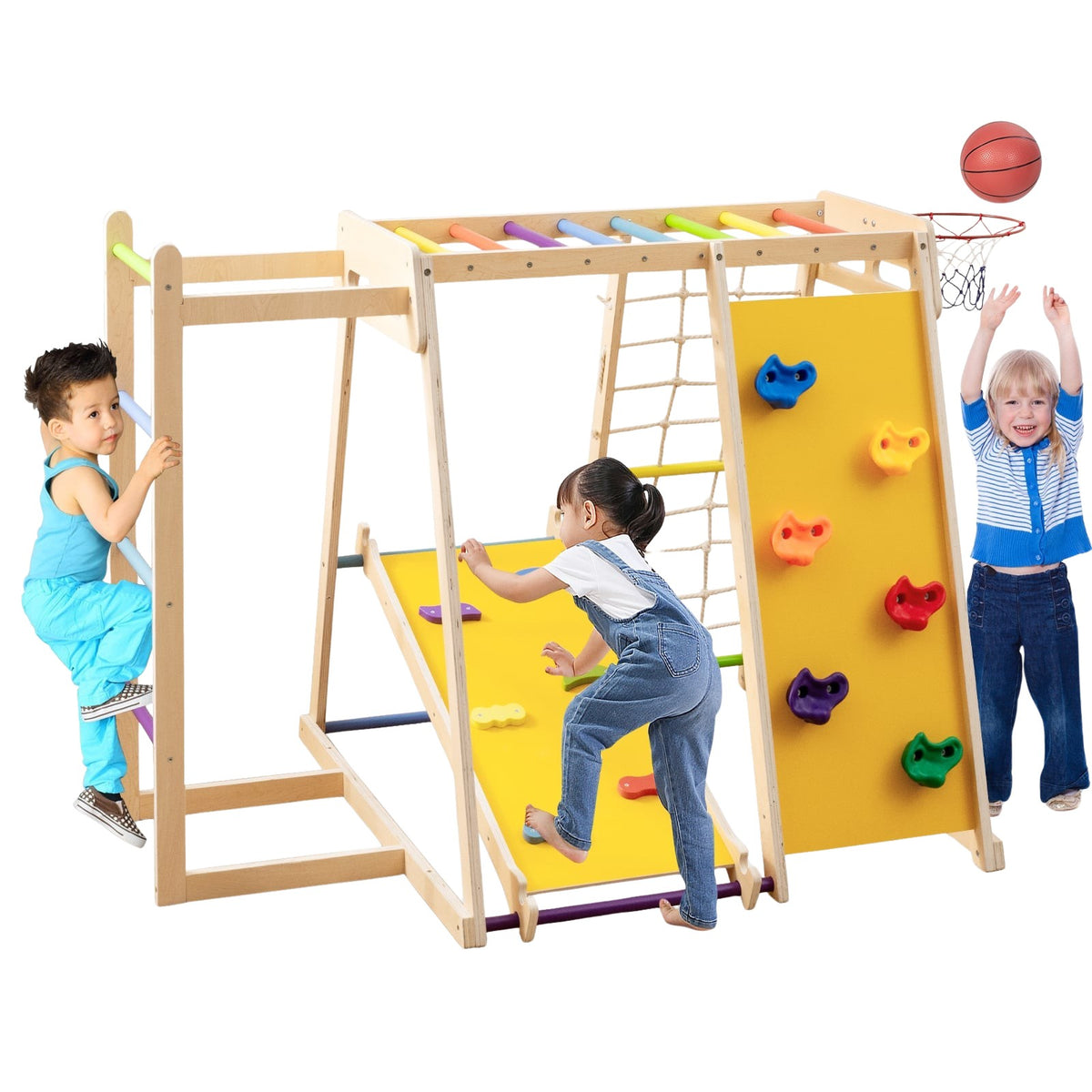 Indoor Jungle Gym Playground with Slide & Basketball Hoop