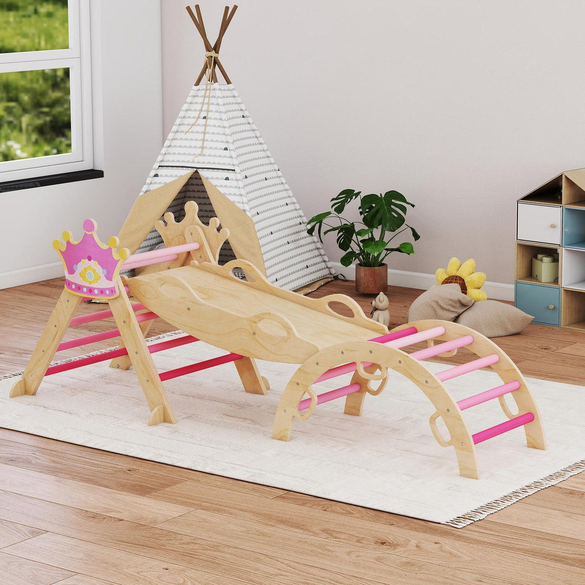 Indoor Kids Climbing Gym – 8-in-1, Princess Design, Wood