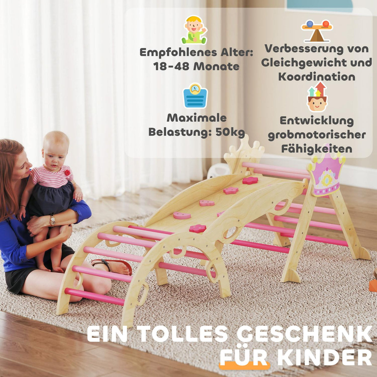 Indoor Kids Climbing Gym – 8-in-1, Princess Design, Wood