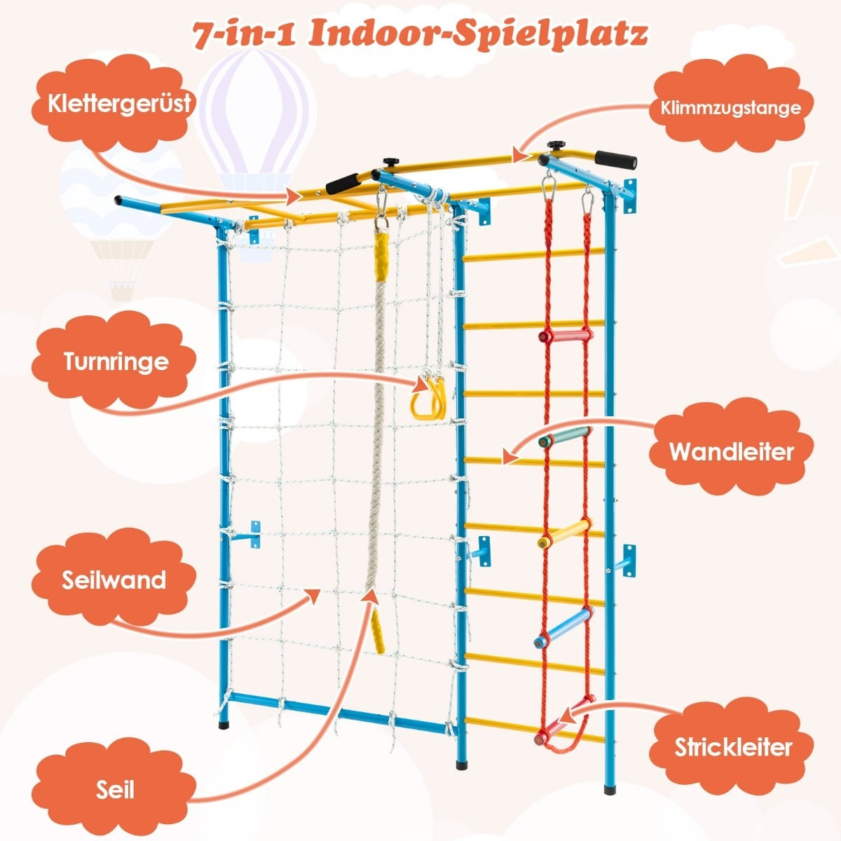 Indoor Kids Climbing Wall Gym Set, 7-in-1, 197.5 x 83.5 x 223 cm