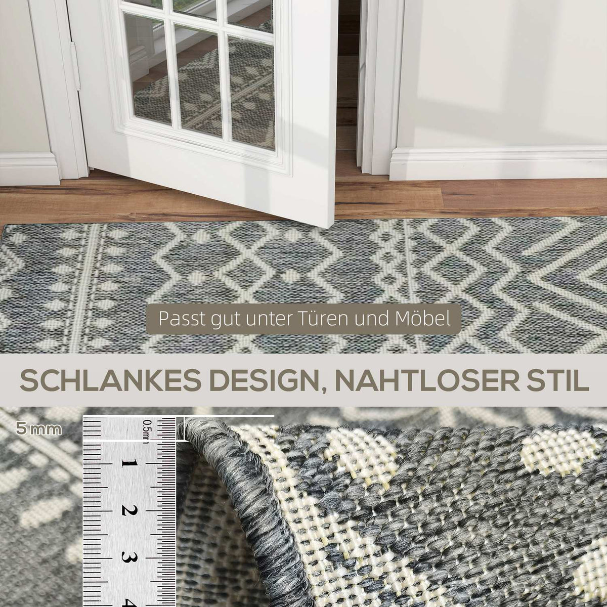 Indoor/Outdoor Boho Rug, Easy-Clean, Grey, 170x120 cm