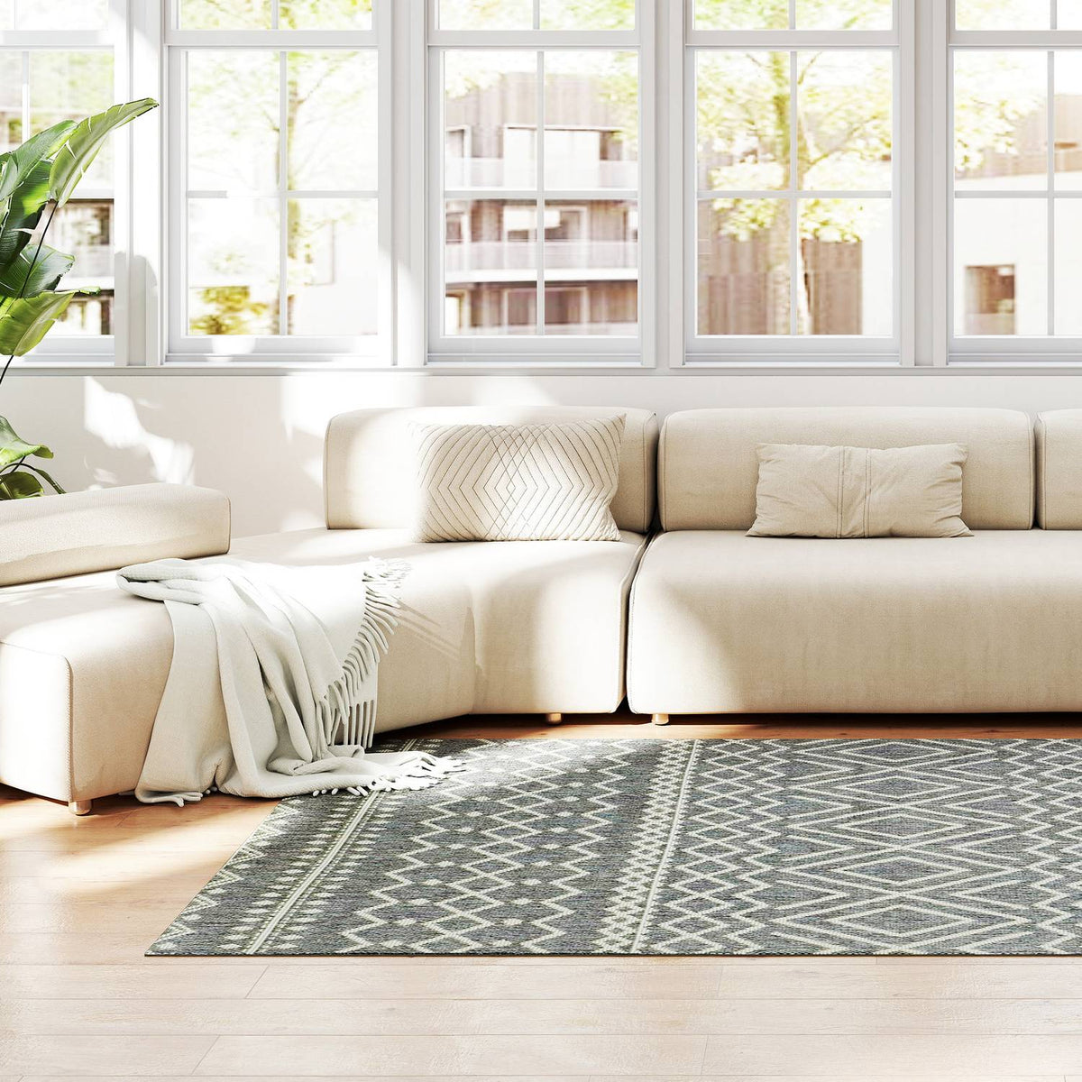 Indoor/Outdoor Boho Rug, Easy-Clean, Grey, 170x120 cm