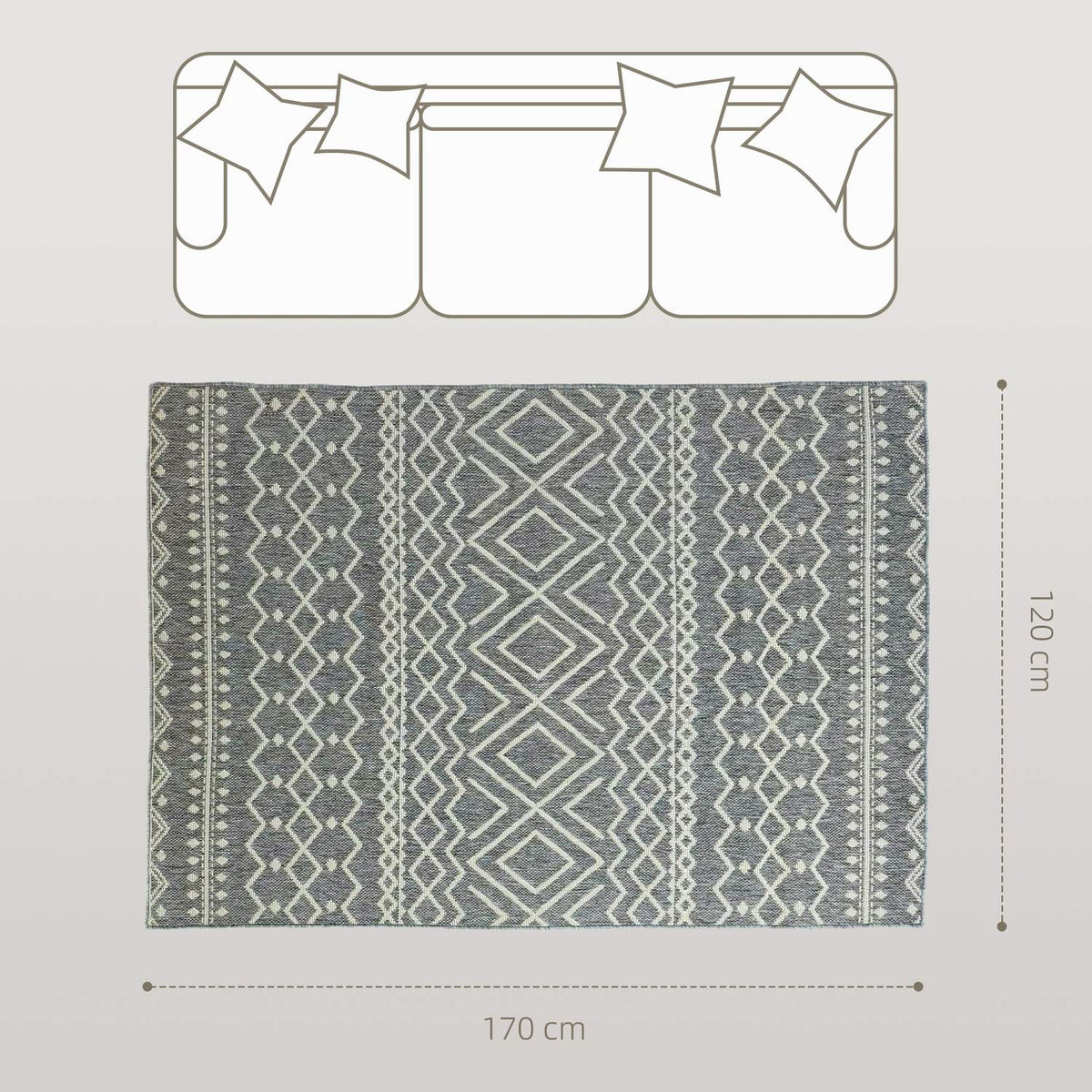 Indoor/Outdoor Boho Rug, Easy-Clean, Grey, 170x120 cm