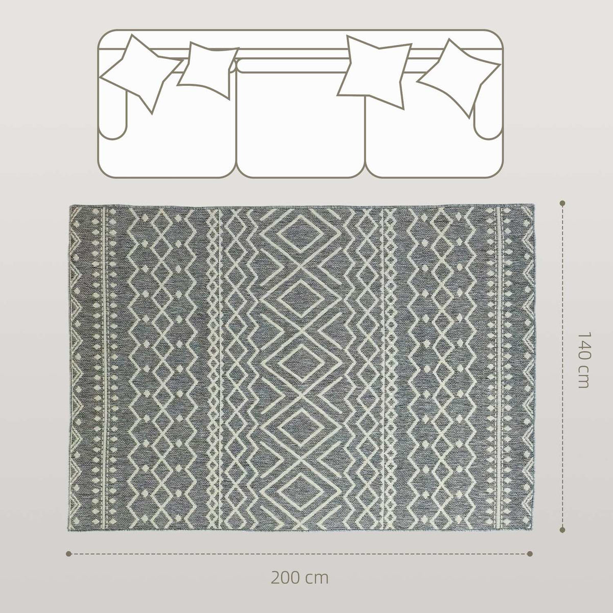 Indoor/Outdoor Boho Rug, Easy Clean, Grey, 200x140 cm