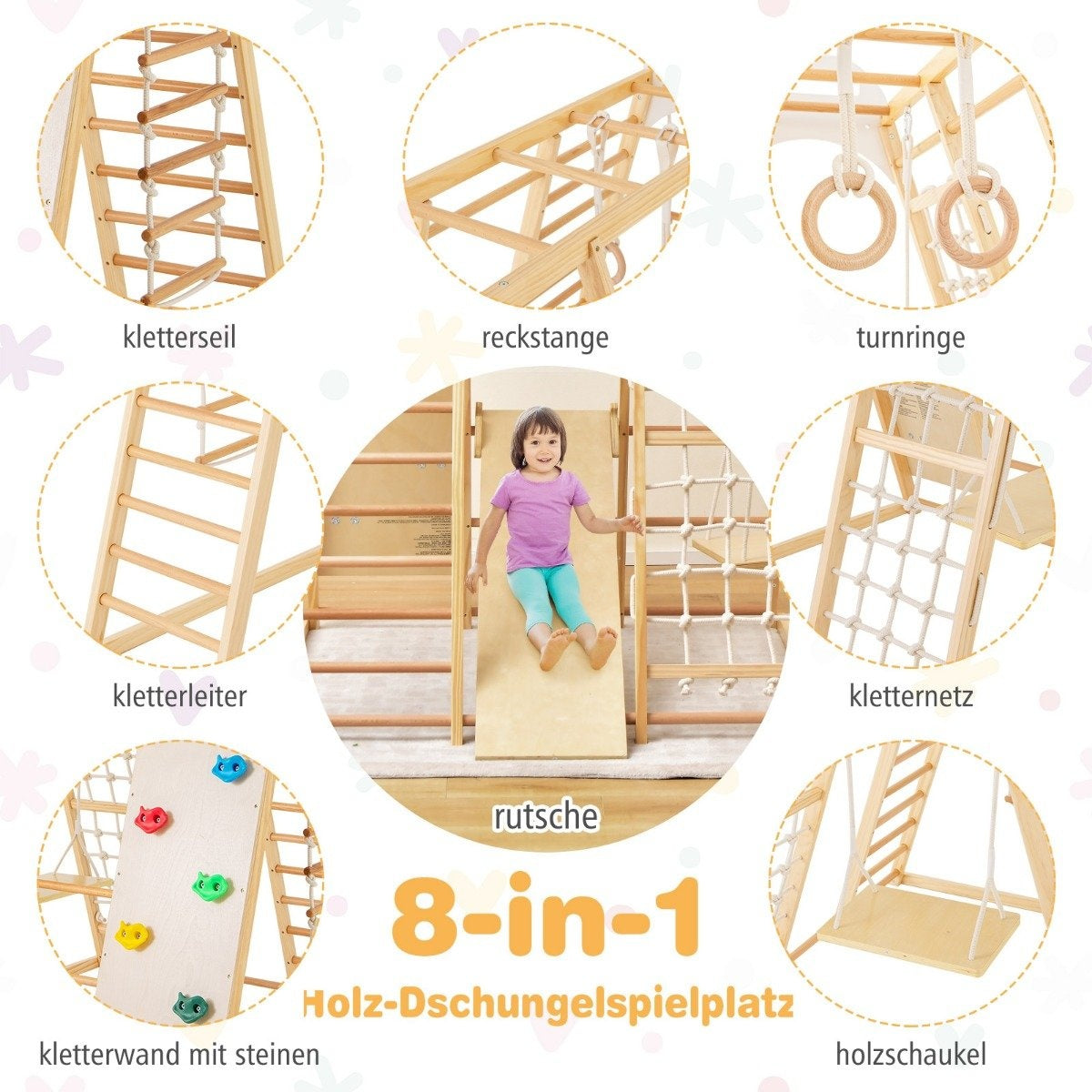 Indoor Playground Set – 8-in-1 Wooden Climbing Gym