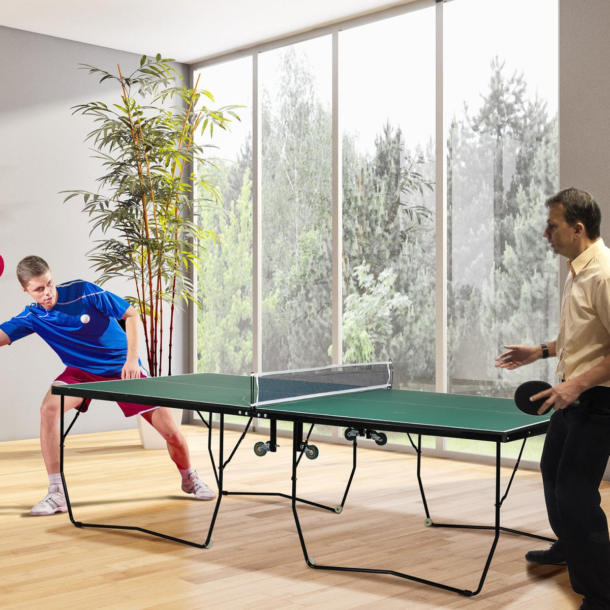 Indoor Table Tennis Table With Wheels Table Tennis Table Foldable Table Tennis Game Set With 2 Table Tennis Bats And 3 Balls, Steel, Green
