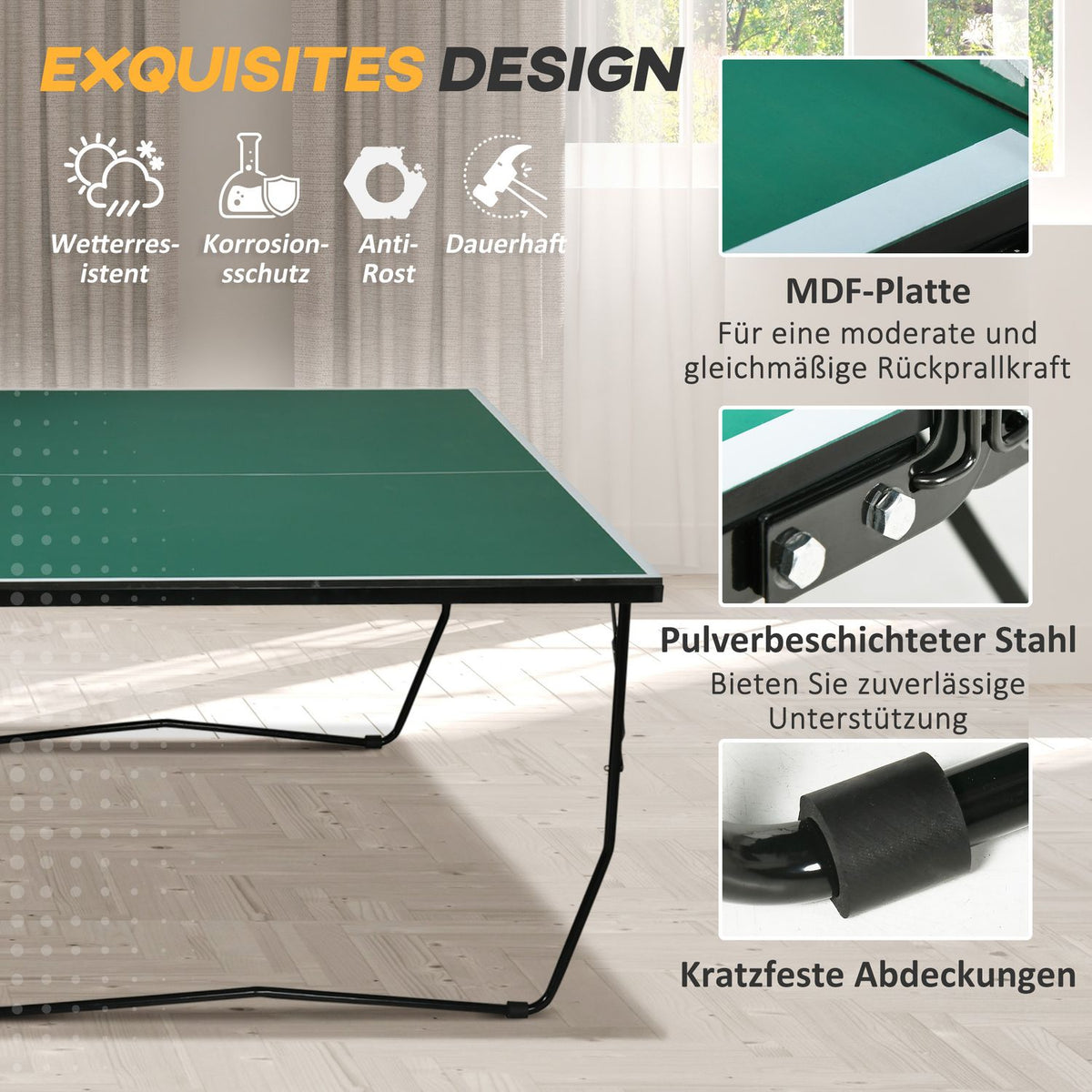 Indoor Table Tennis Table With Wheels Table Tennis Table Foldable Table Tennis Game Set With 2 Table Tennis Bats And 3 Balls, Steel, Green