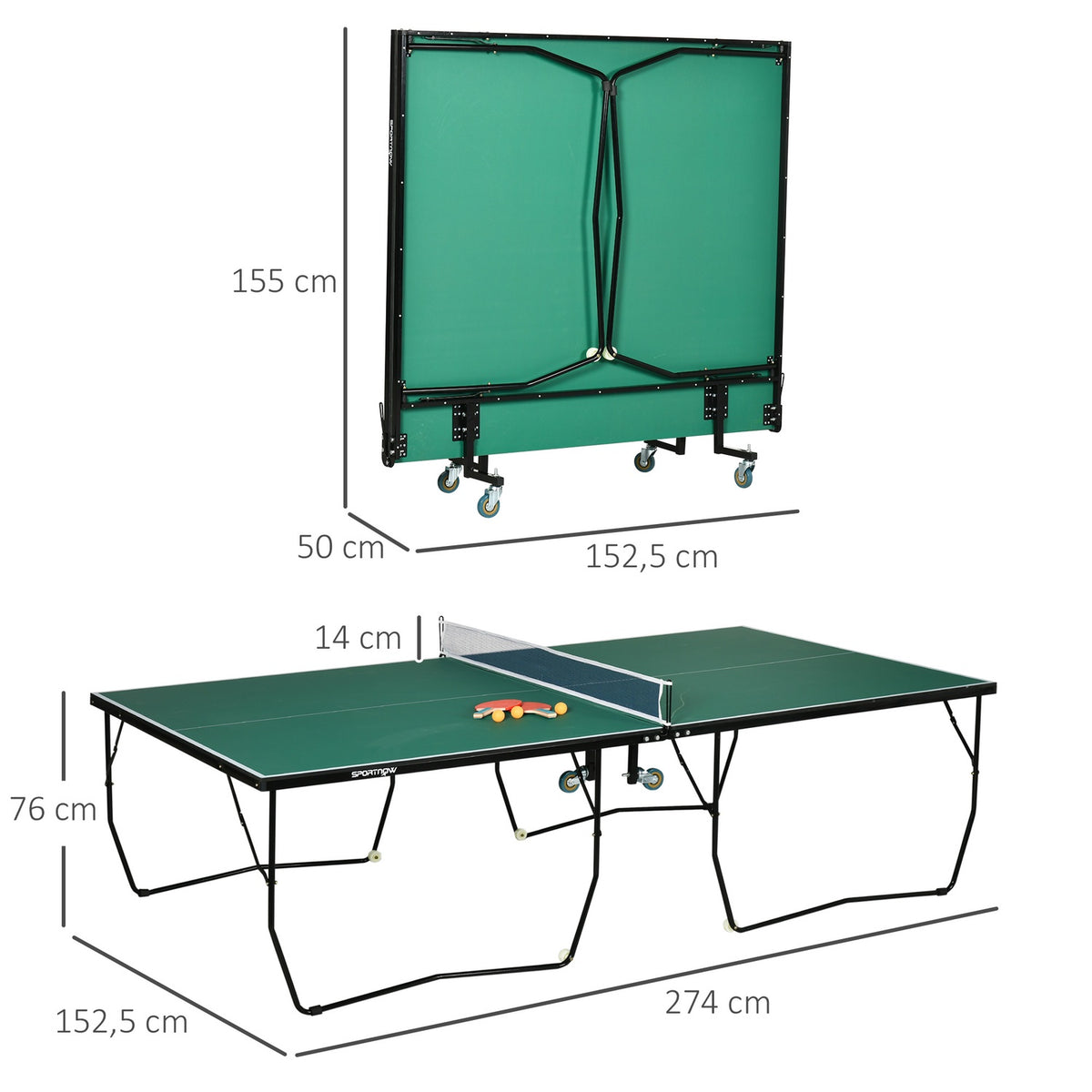Indoor Table Tennis Table With Wheels Table Tennis Table Foldable Table Tennis Game Set With 2 Table Tennis Bats And 3 Balls, Steel, Green