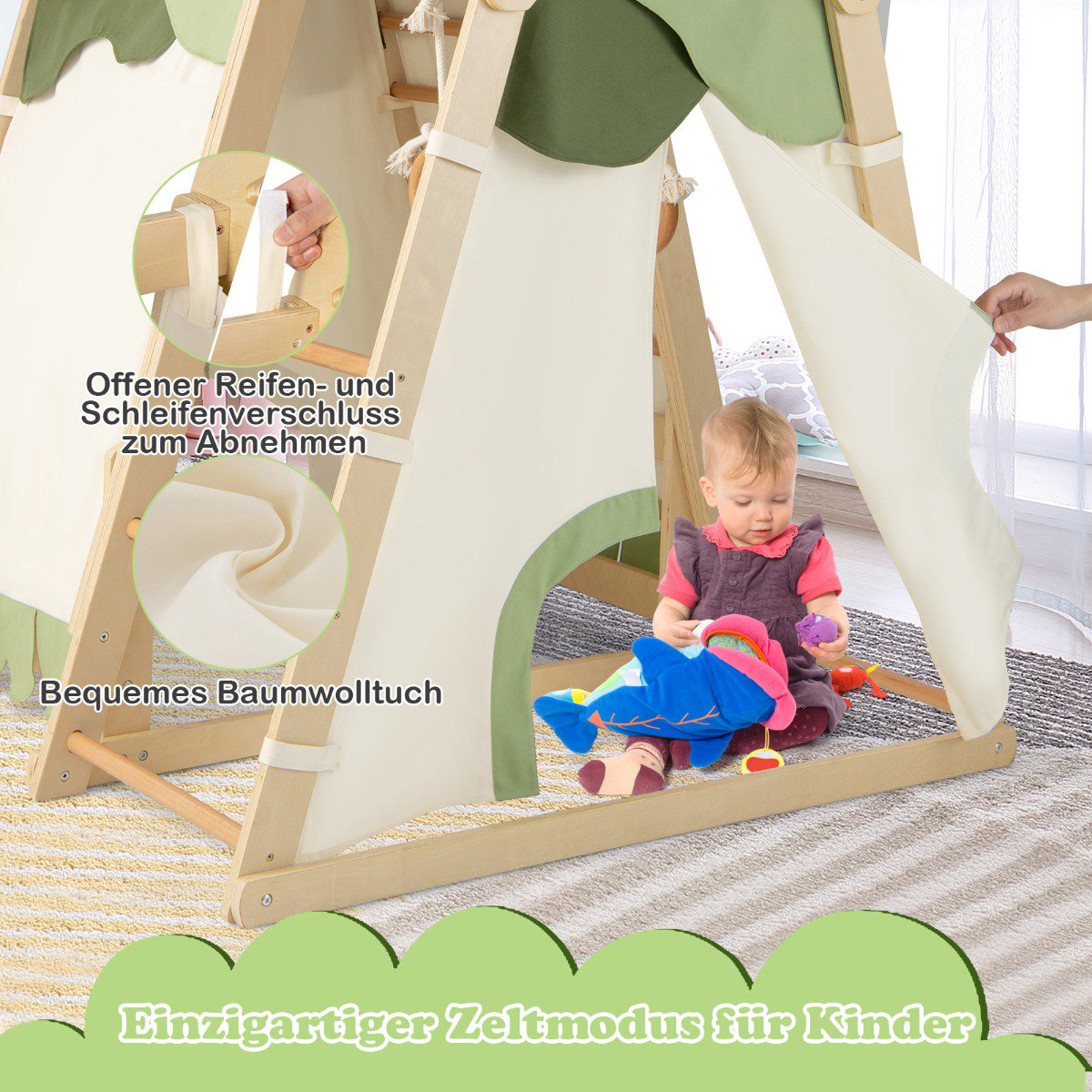 Indoor Wooden Climbing Playset for Kids with Slide & Tent