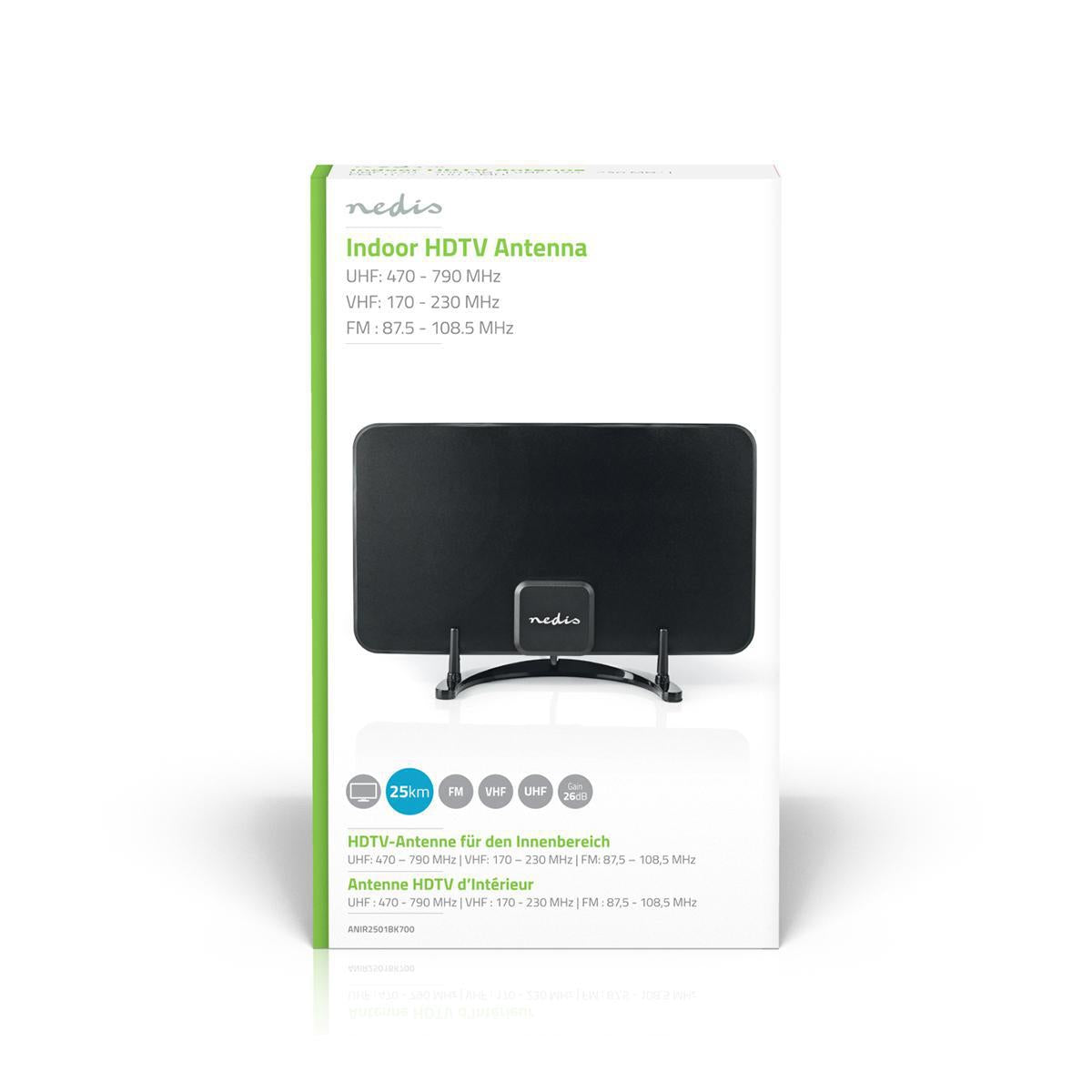 Indoor antenna | Active | FM / UHF / VHF | Reception area: 0-25 km | LTE700 | Gain: 26 dB | ABS | Black