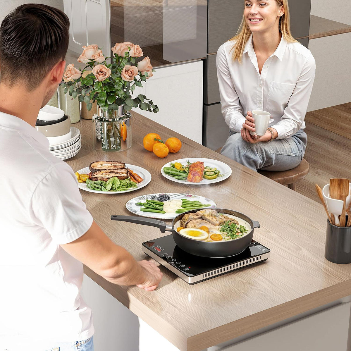 Induction hob hob 1 plate, portable induction hob with 10 power levels and temperature levels, 2000 W, timer, child safety lock, black