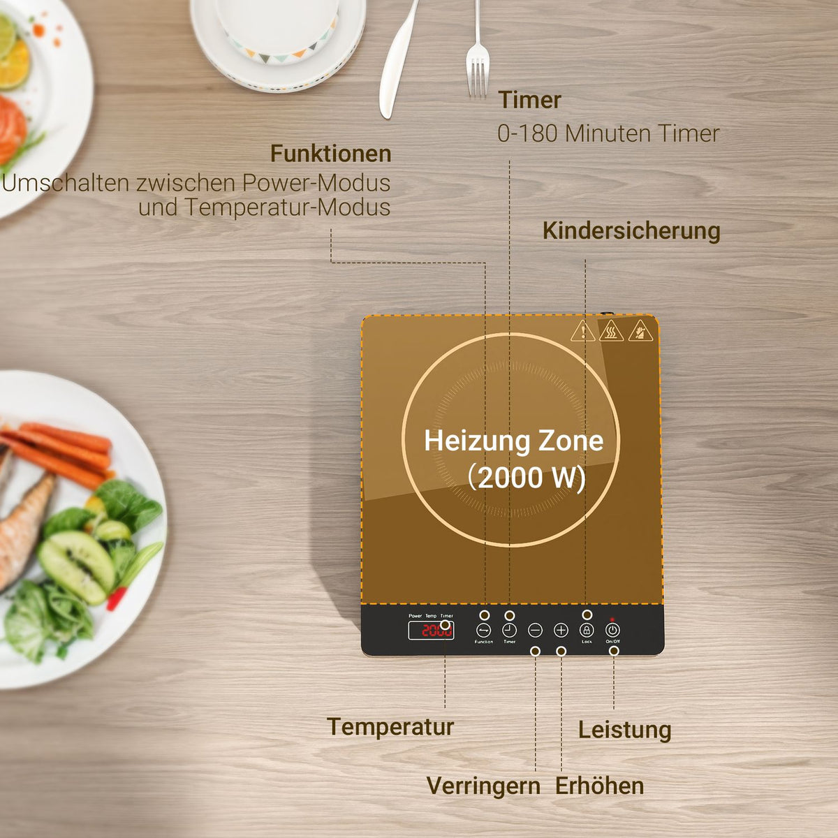 Induction hob hob 1 plate, portable induction hob with 10 power levels and temperature levels, 2000 W, timer, child safety lock, black