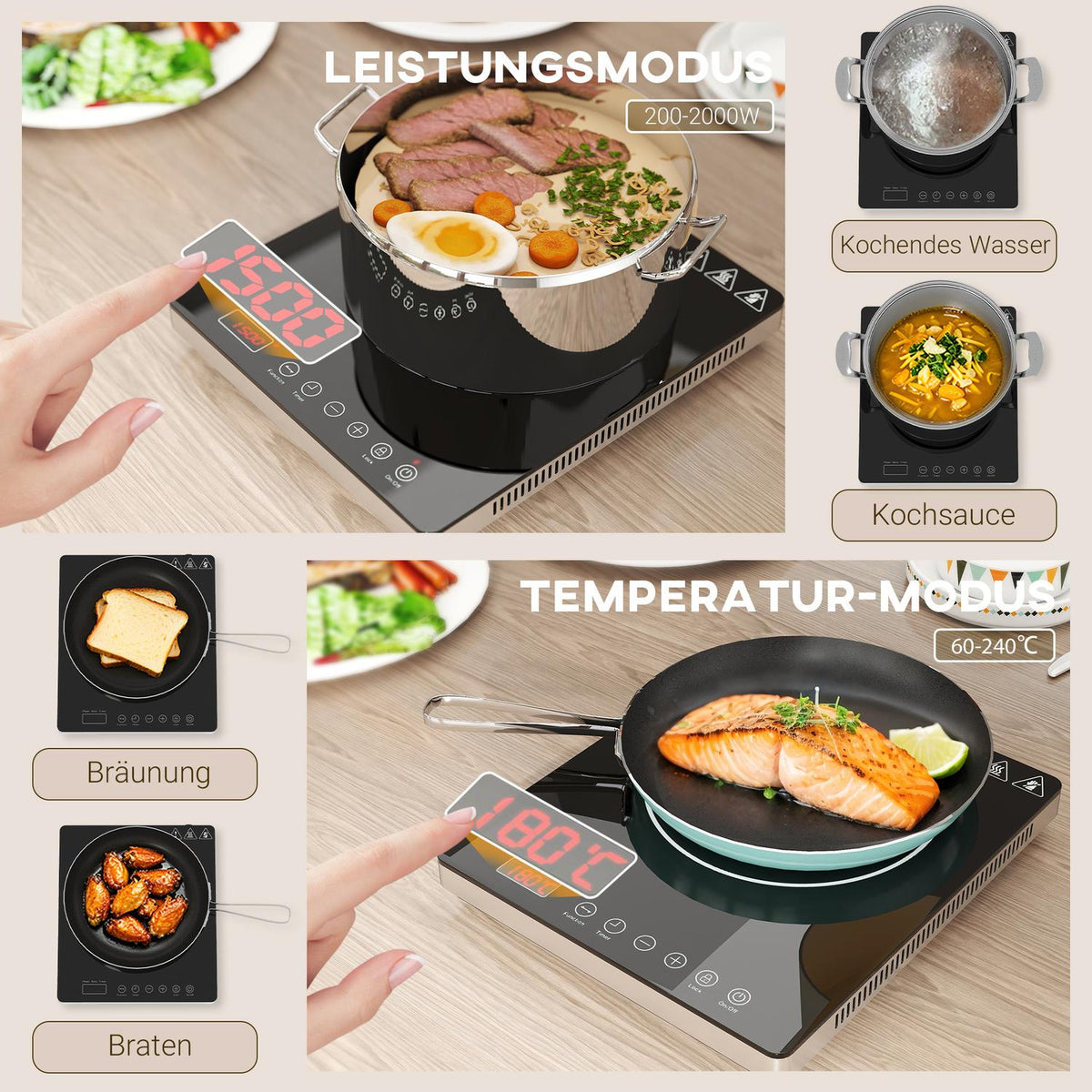 Induction hob hob 1 plate, portable induction hob with 10 power levels and temperature levels, 2000 W, timer, child safety lock, black