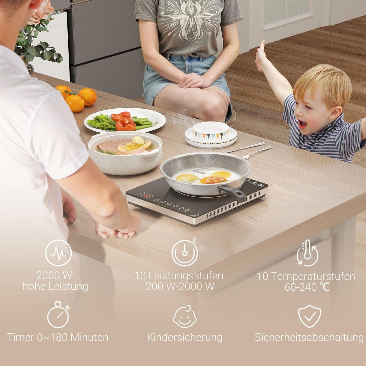 Induction hob hob 1 plate, portable induction hob with 10 power levels and temperature levels, 2000 W, timer, child safety lock, black