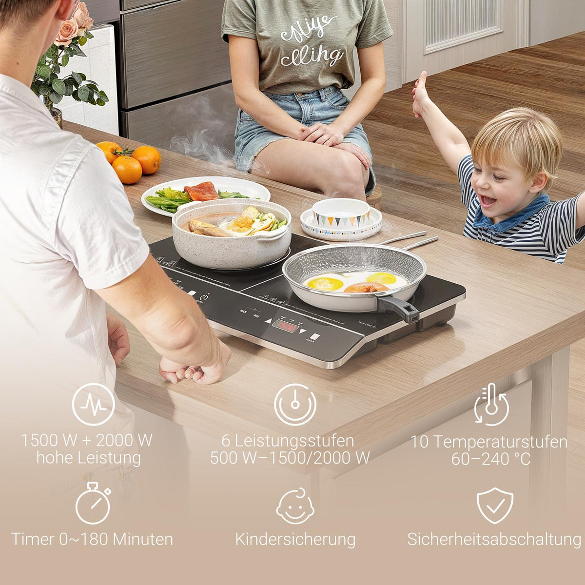 Induction hob hob 2 plate portable induction hob with 8 power levels and 10 temperature levels, 3500 W, child lock, timer, black |