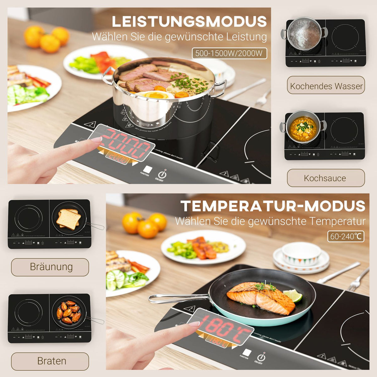 Induction hob hob 2 plate portable induction hob with 8 power levels and 10 temperature levels, 3500 W, child lock, timer, black |